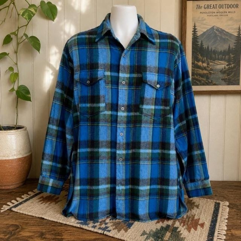 Vintage 60s Pendleton Board Shirt Mens Large 16 Blue‎ Green Plaid Wool